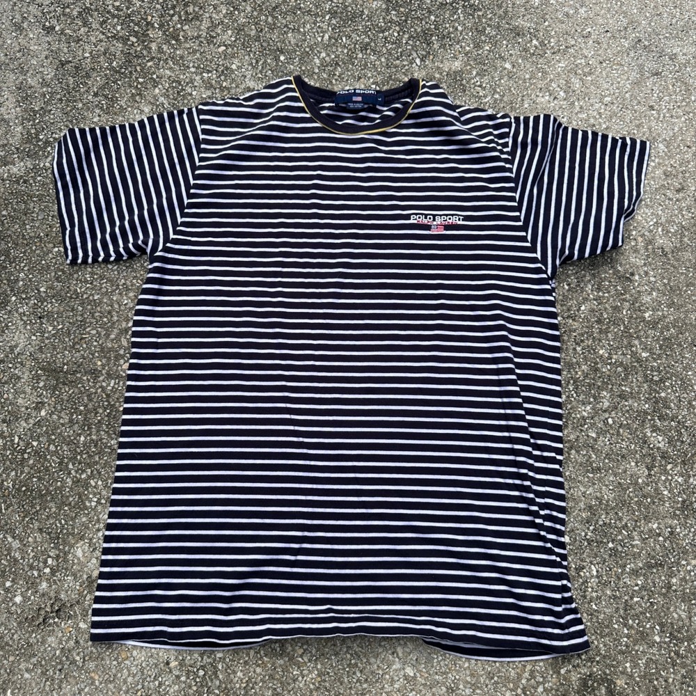 Vintage Polo Sport Ralph Lauren Striped T-Shirt Mens Large Navy White 90s Logo